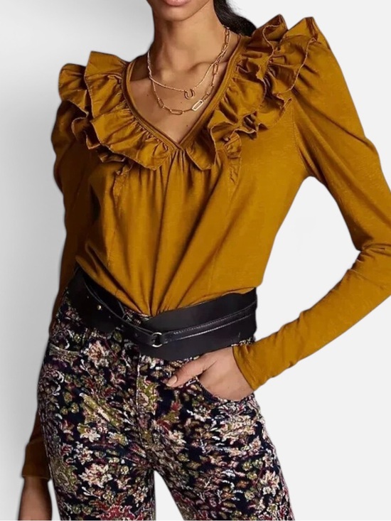 Anthropologie Tops - Anthropologie Mustard Yellow Ruffle Puff Sleeve Blouse Top Holly Cotton NWT S